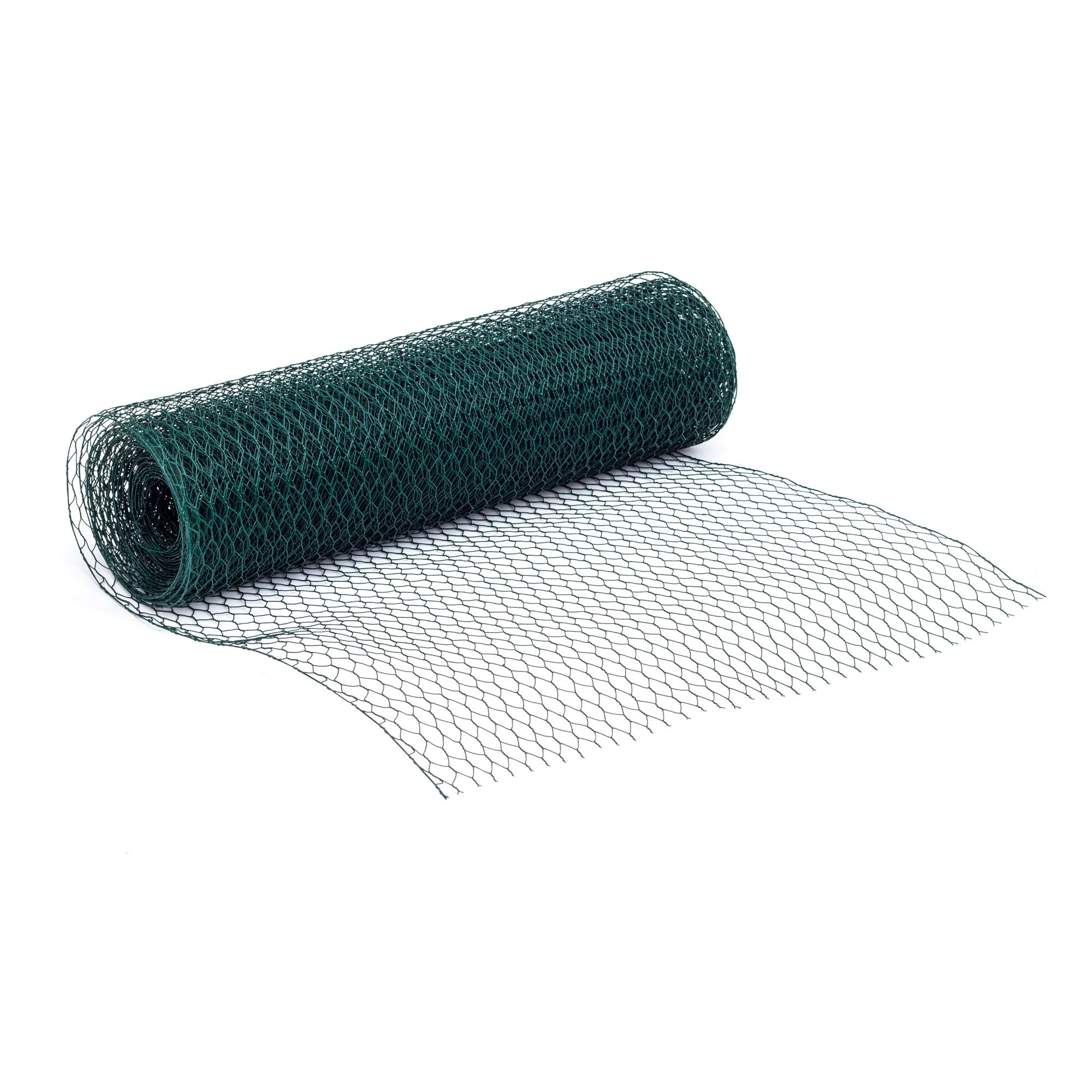 Green plastic garden wire roll, 10 meters long, featuring a hexagonal mesh design, ideal for supporting plants and creating garden structures.