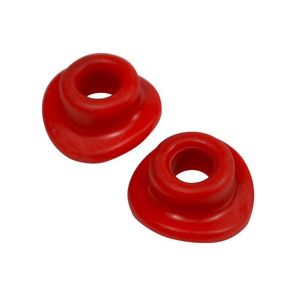 Two red silicone valve cap seals from Apico, featuring a curved design with a central hole, packaged as a 2-pack for enhanced sealing performance.