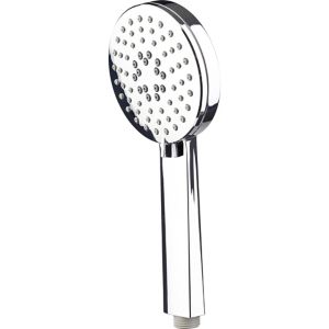 Chrome-effect shower head featuring a round, multi-spray pattern face with numerous small nozzles, designed for a sleek and modern bathroom aesthetic.