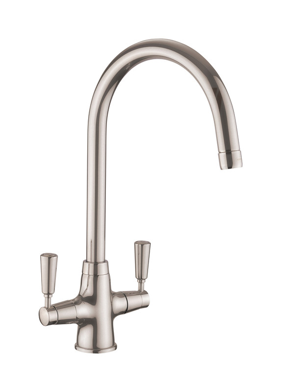 Brushed stainless steel dual lever monobloc tap with a curved spout and two lever handles for hot and cold water control.