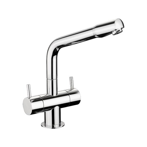 Dual lever monobloc tap in a sleek chrome finish, featuring a curved spout and cylindrical base, designed for modern kitchens.