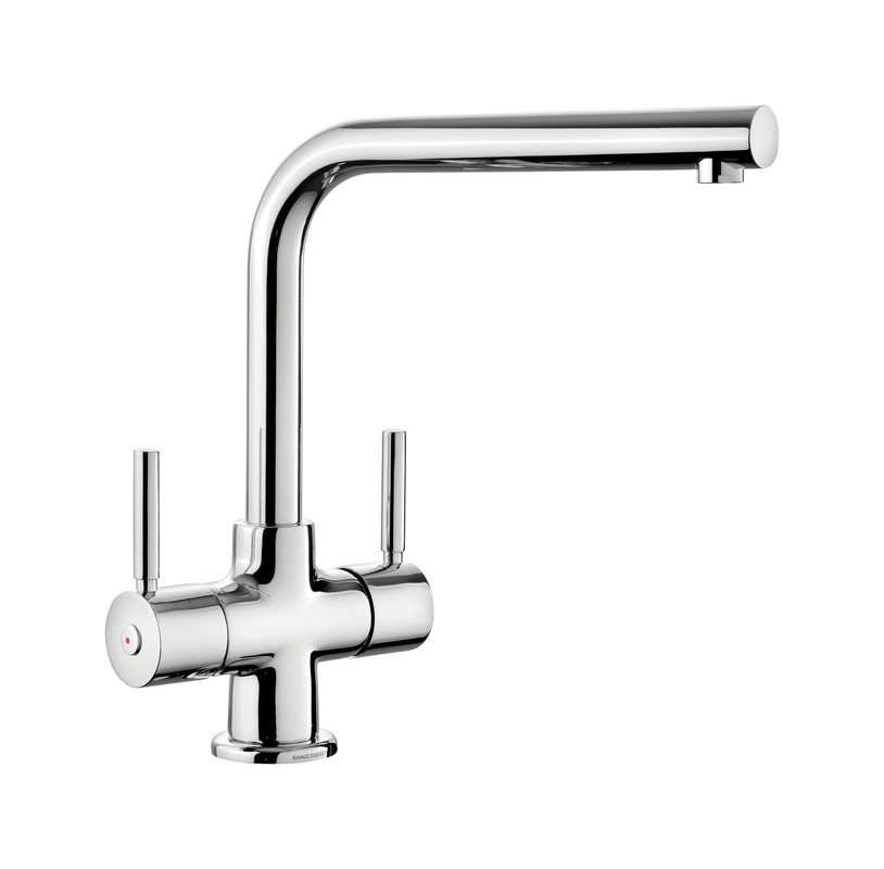 Dual lever monobloc tap in a sleek chrome finish, featuring a curved spout and a modern design, ideal for contemporary kitchens.
