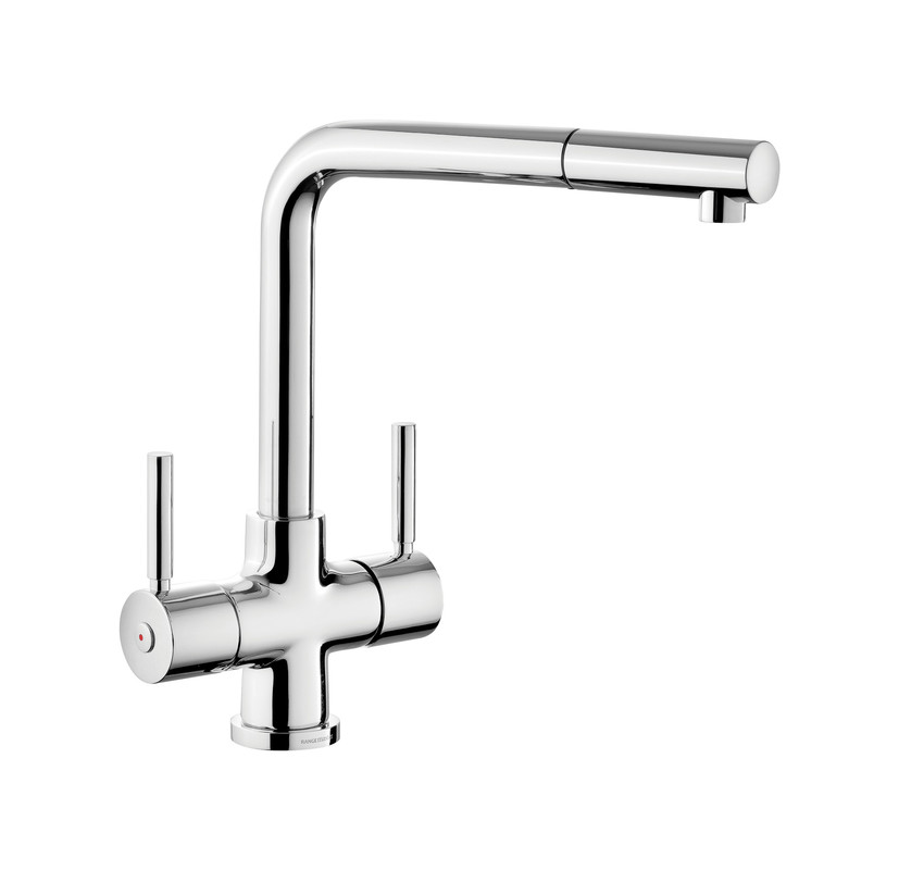 Chrome-finished dual lever pull-out tap with a sleek, modern design, featuring a curved spout and two lever handles for easy temperature and flow control.