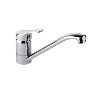 Single lever monobloc tap in a sleek chrome finish, featuring a curved spout and a minimalist design, ideal for modern kitchens.