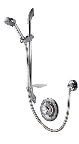Concealed thermostatic shower system featuring a sleek chrome finish, adjustable Harmony shower head, and a round control panel with red and blue indicators.