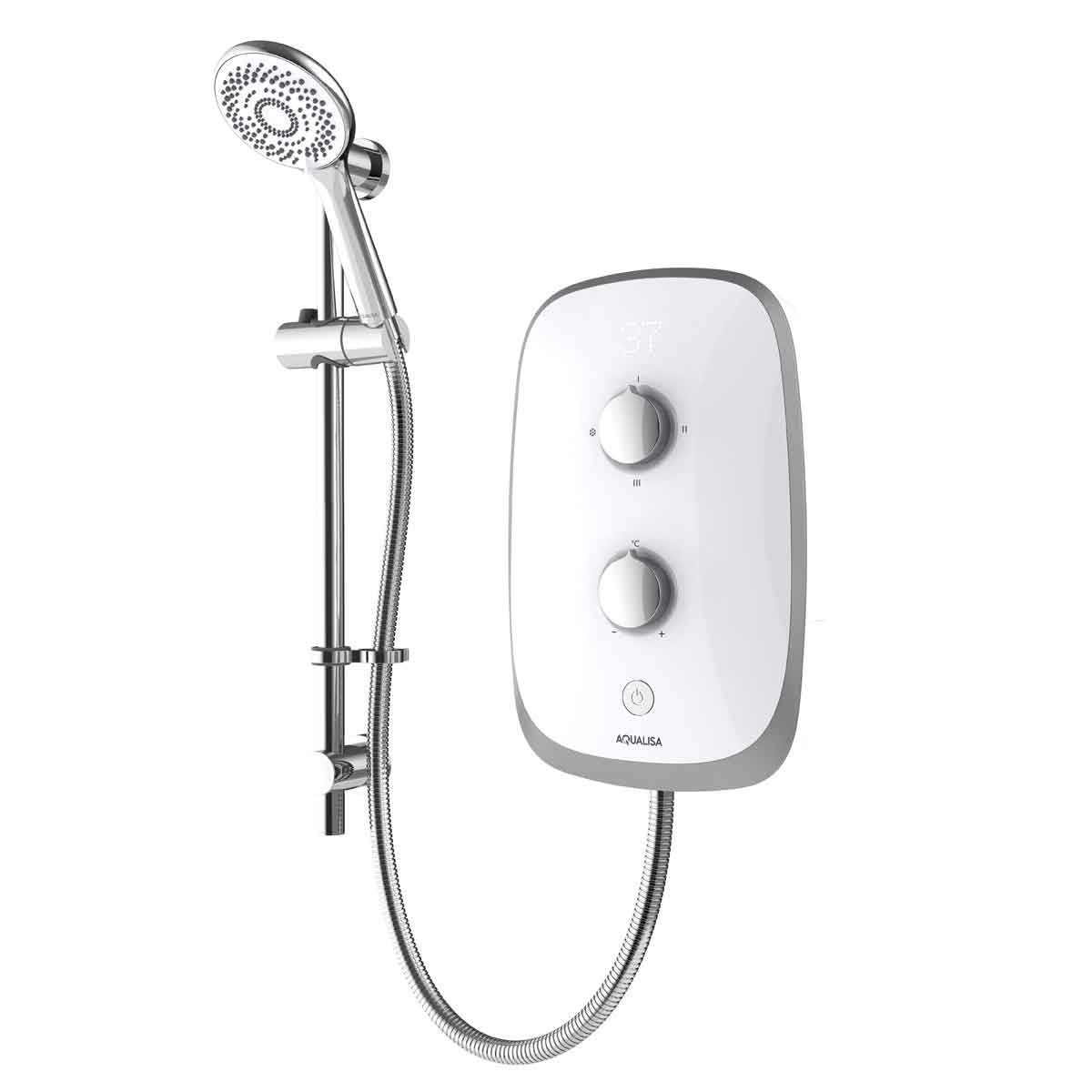 Aqualisa Evolve 10.5Kw electric shower in white and satin silver, featuring an adjustable shower head, sleek control knobs, and a modern design.