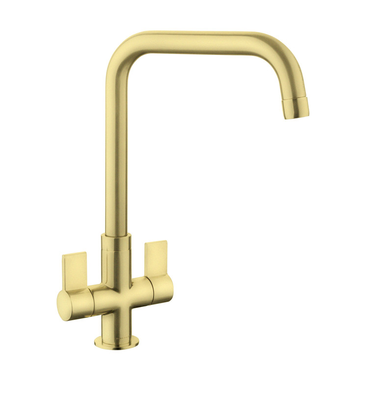 Aquaquad dual lever monobloc tap with a brushed brass finish, featuring a sleek curved spout and two cross-shaped handles for hot and cold water control.