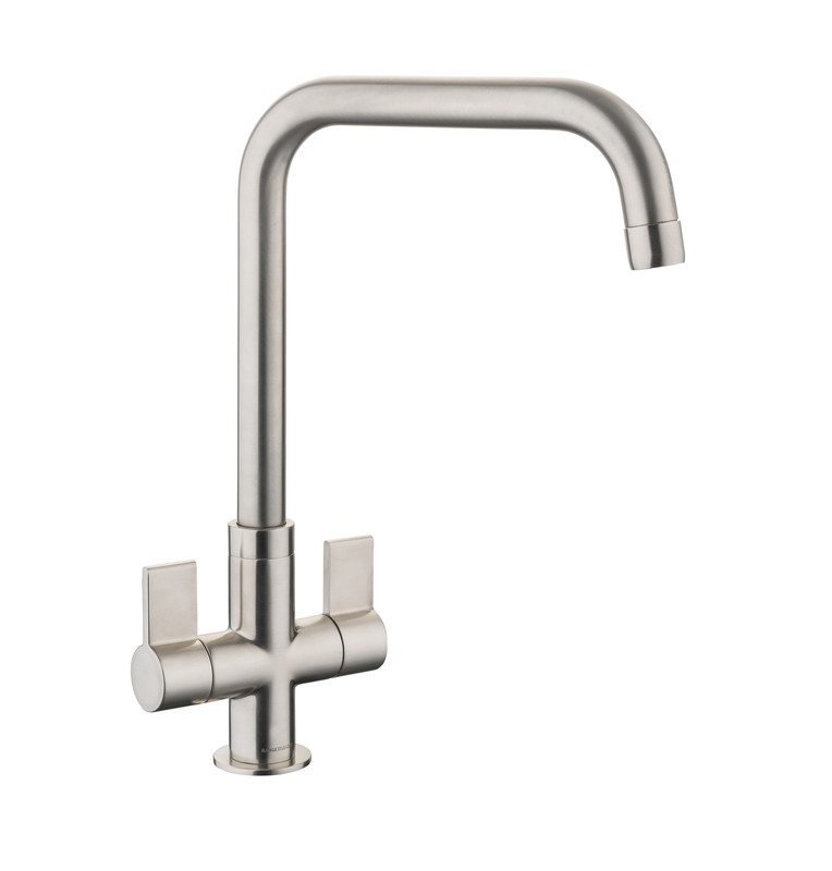 Brushed stainless steel dual lever monobloc tap with a sleek, curved spout and two square lever handles for precise temperature control.