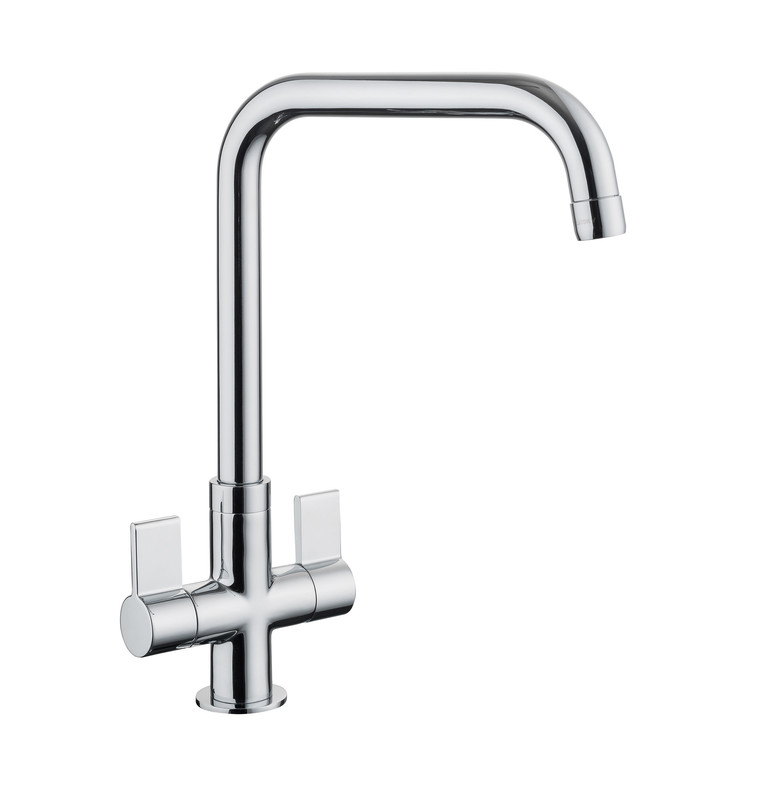Sleek chrome monobloc tap with a curved spout and dual lever handles, featuring a modern design ideal for contemporary kitchens.