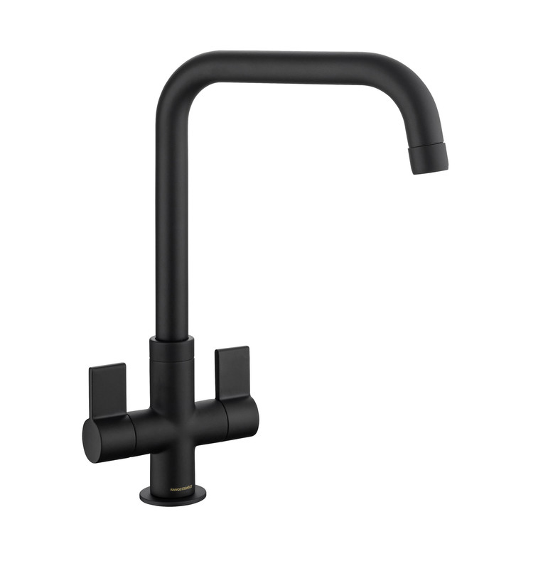 Matt black dual lever monobloc kitchen mixer tap with a sleek, curved spout and two horizontal handles, featuring a modern, minimalist design.