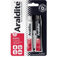 Araldite Rapid Epoxy pack with two 15ml tubes, red and black labels, in clear plastic casing on branded card.