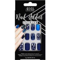 Matte blue artificial nails by Ardell, 24 pieces, featuring solid and marbled designs in various shades of blue.