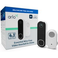 White Arlo Essential 2K Video Doorbell with black faceplate and matching white chime, next to branded packaging.
