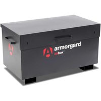 Black Armorgard Oxbox storage box with red logo, reinforced lid, side handles, and raised base.