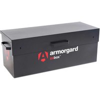 Black Armorgard Oxbox truck storage box with red logo, side handles, and secure lockable lid.