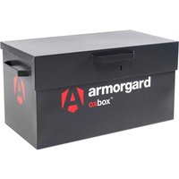 Black Armorgard Oxbox tool storage box with red logo, side handles, and secure lockable lid.
