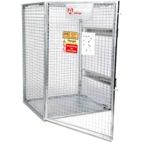 Collapsible metal cage with mesh sides, secure lock, and warning signs for storing gas cylinders safely.