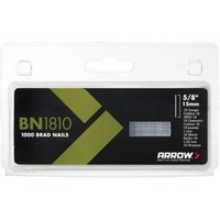 Clear plastic pack of Arrow BN1810 brad nails, 15mm, 1000 count, with black and green label.