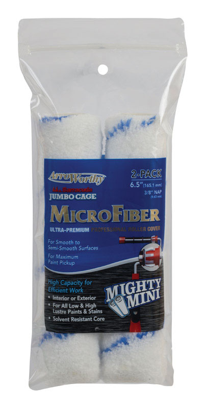 Two-pack of ArroWorthy microfiber jumbo paint roller covers, each 6.5 inches wide with a 3/8 inch nap, featuring a blue and white design, packaged in a clear plastic bag.