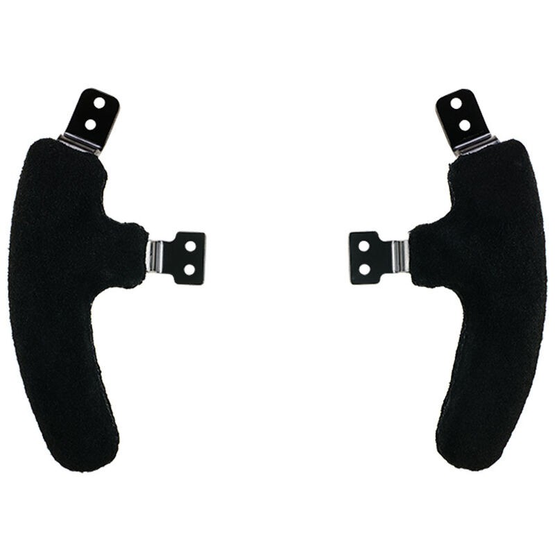 Black suede handles with a curved design, featuring metal brackets for attachment, ideal for enhancing grip in sim racing setups.