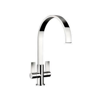 Sleek chrome-finished dual lever monobloc tap with a curved spout and two cross-shaped handles, designed for modern kitchen aesthetics.
