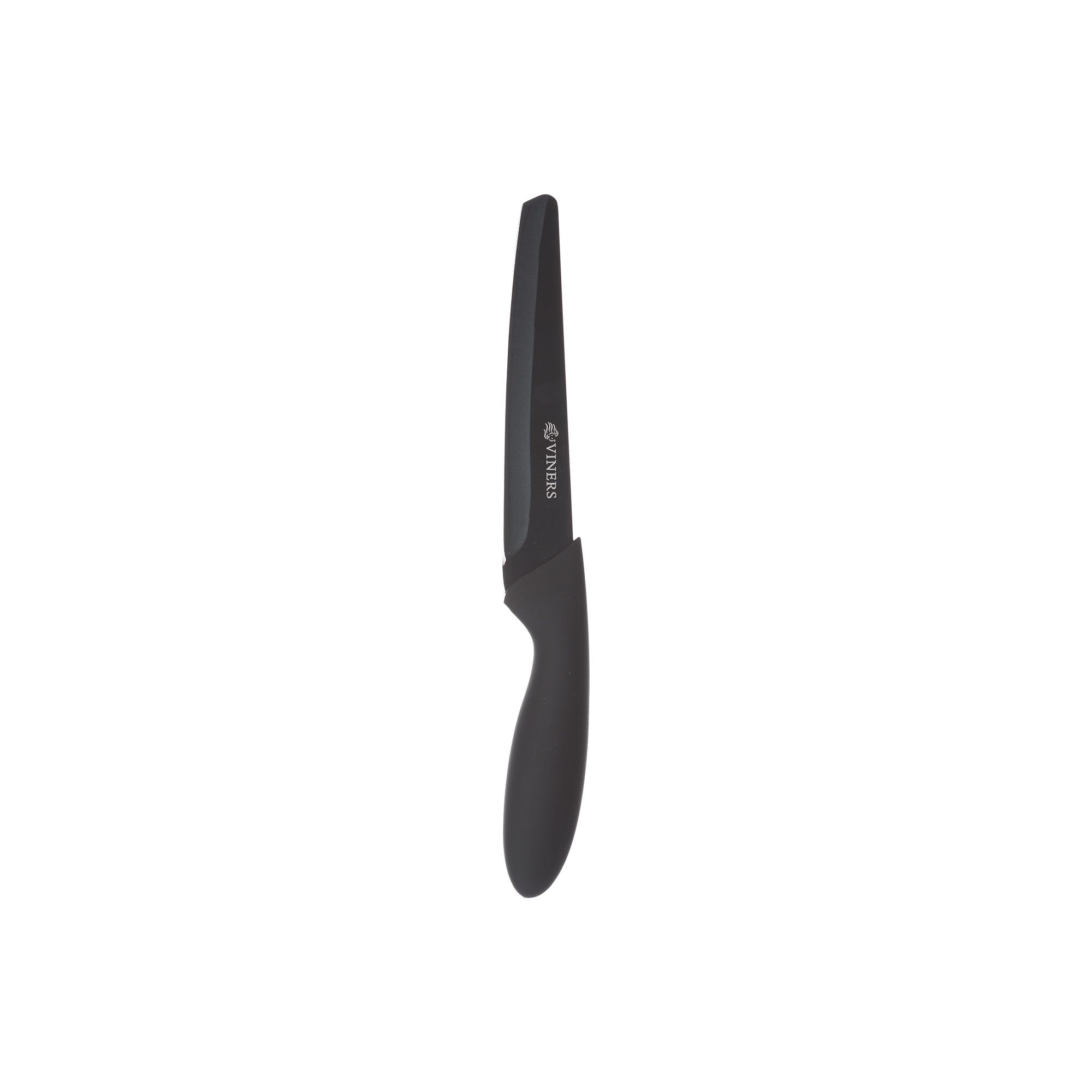 Black utility knife with a sleek, curved handle and a sharp blade, featuring the Viners logo on the side, designed for precision and ease of use.