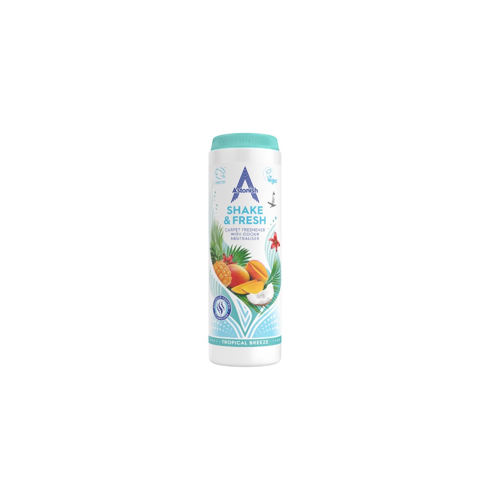 A white cylindrical container labeled "Astonish Shake & Fresh Tropical Breeze 350g," featuring tropical fruit graphics and a turquoise cap, designed for freshening spaces.