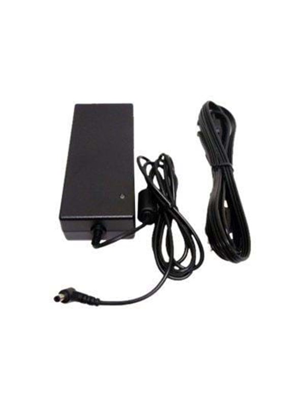 Black ASUS power adapter with a compact design, featuring a single output connector and a long power cord, designed for indoor use with a 120 W capacity.