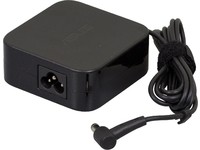 Black ASUS power adapter with a compact square design, featuring a power input socket and a cable with a connector for devices, rated at 65W.