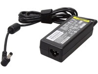 Black ASUS 65W power adapter with a rectangular shape, featuring a label with specifications, a detachable cable, and a round connector for device connection.
