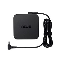 Black ASUS power adapter with a square design, featuring a 65W output and a coiled cable with a right-angle connector. The ASUS logo is prominently displayed on the surface.