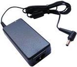 Black ASUS power adapter with a rectangular design, 65W output, featuring a cable with an angled connector and a textured surface.