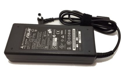 Black ASUS power adapter/inverter with a 90 W capacity, featuring a rectangular design, various certification labels on the surface, and a cable with a round connector.