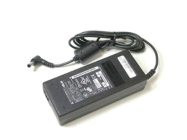 Black ASUS power adapter/inverter with a textured surface, featuring a 90 W output, a detachable power cord, and various certification labels on the side.