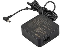 Black ASUS power adapter with a 90W capacity, featuring a rectangular design, a labeled surface, and a connected cable ending in a cylindrical connector.