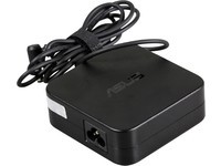 Black ASUS 90W power adapter with a compact square design, featuring a cable with a connector and a side port for power input.