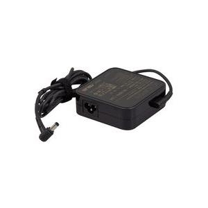 Black ASUS 04G266010620 power adapter with a compact design, featuring a textured surface, a power input port, and a coiled black cable for indoor use, rated at 90 W.