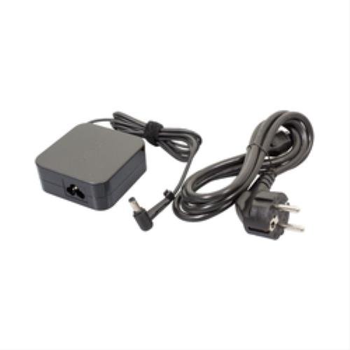 Black ASUS 65W power adapter with a compact square body, featuring a power input socket and a long cable ending in a two-prong plug.