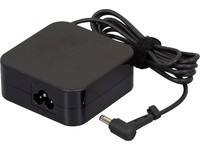 Black ASUS 65W power adapter with a compact design, featuring a three-prong input and a right-angle output connector, secured with a cable tie.