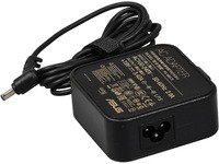 Black ASUS 65W power adapter with a compact design, featuring a round connector and detailed specifications printed on the surface, accompanied by a flexible cable.