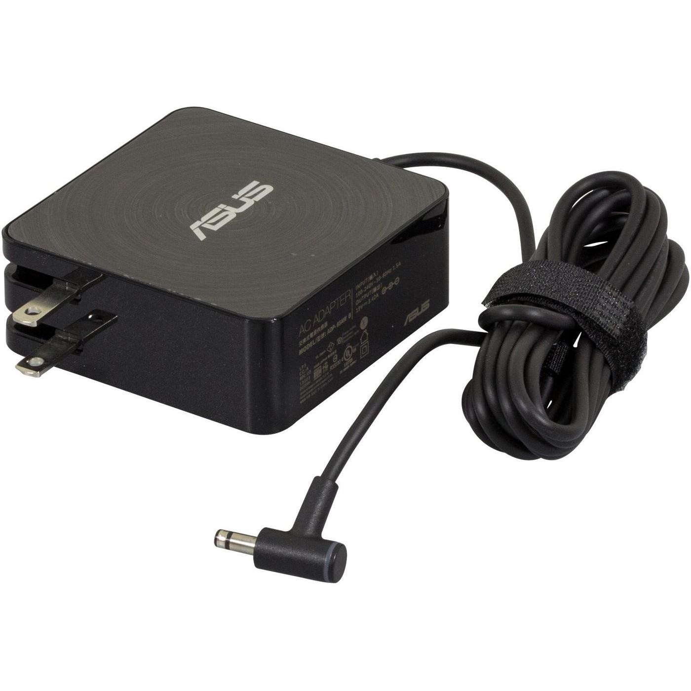Black ASUS 65W power adapter with a compact design, featuring a detachable power cord and an angled connector for easy use.