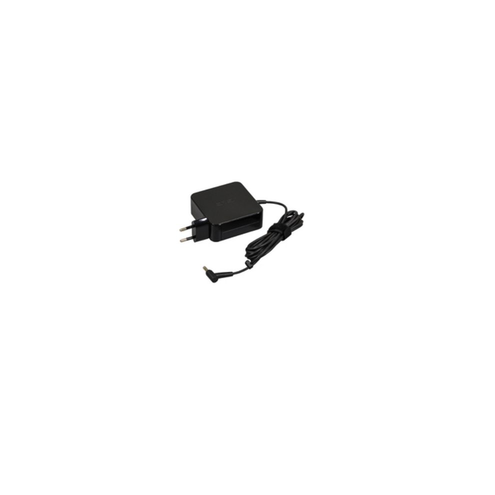 Black ASUS 65W power adapter with a compact design, featuring two prongs for plugging in and a coiled cable with a connector for devices.