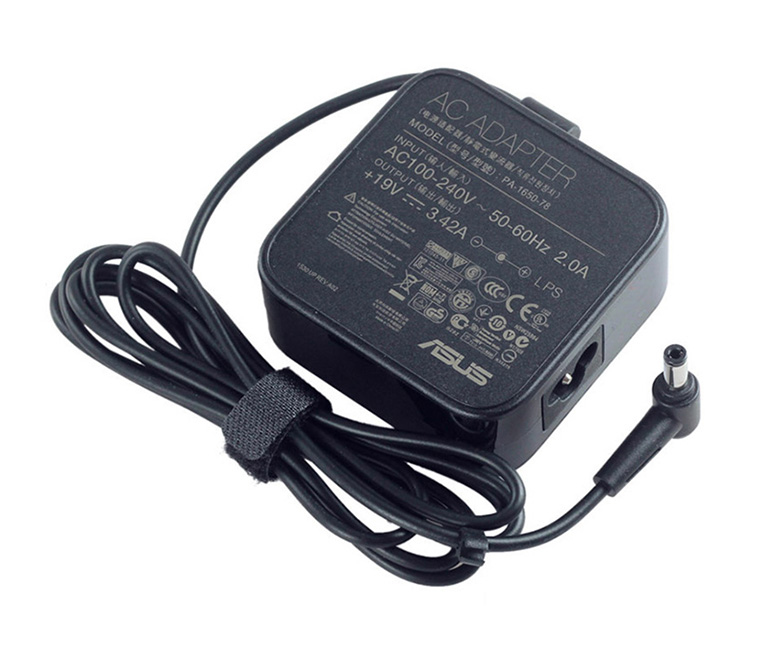 Black ASUS 65W power adapter with a square design, featuring a textured surface, a power cord, and a cylindrical connector end.