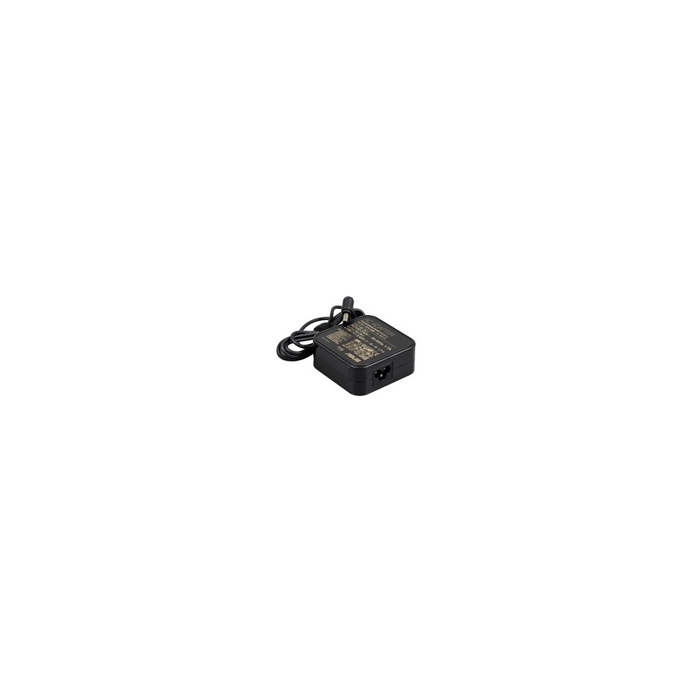 Black ASUS 65W power adapter with a compact design, featuring a textured surface and a power cable attached, suitable for indoor use.