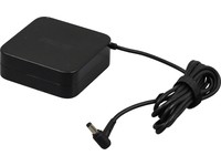 Black ASUS power adapter with a compact rectangular design, featuring a coiled cable and a right-angle connector, rated at 90 W for indoor use.