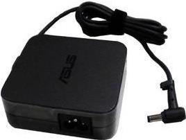 Black ASUS 90W power adapter with a compact square design, featuring a cable and a connector for charging devices, made of durable plastic material.