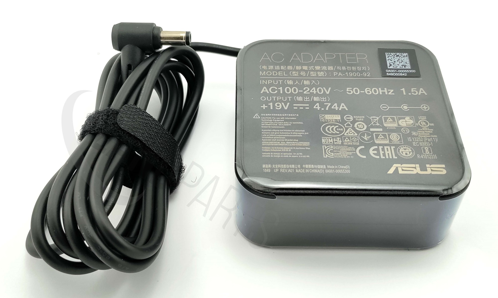 Black ASUS 90W power adapter with a rectangular design, featuring an input/output label, a coiled cable, and a cylindrical connector tip.