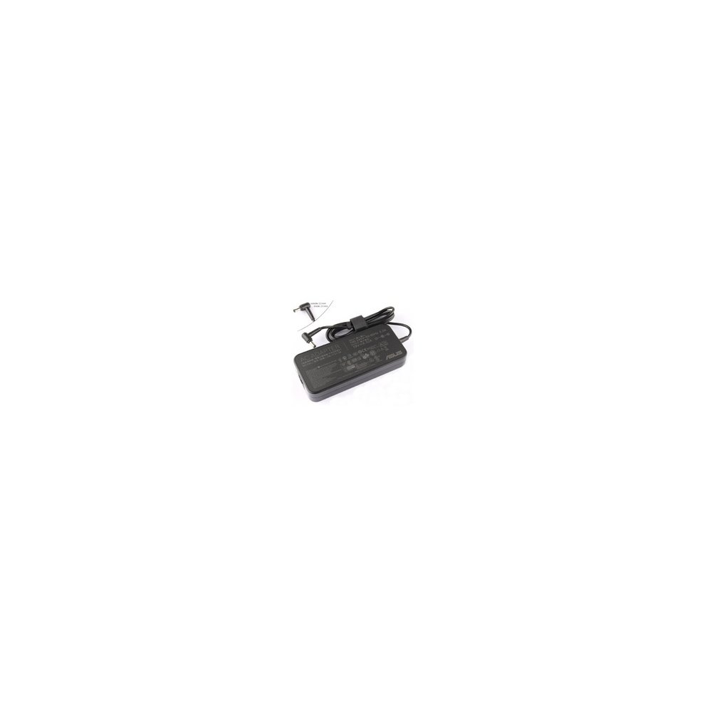 Black ASUS 120W power adapter with a rectangular design, featuring a textured surface, a power cord, and a connector for indoor use.