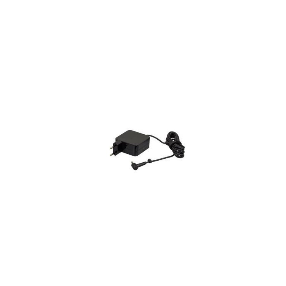 Black ASUS 45W power adapter with a compact design, featuring a two-prong plug and a coiled cable leading to a connector.