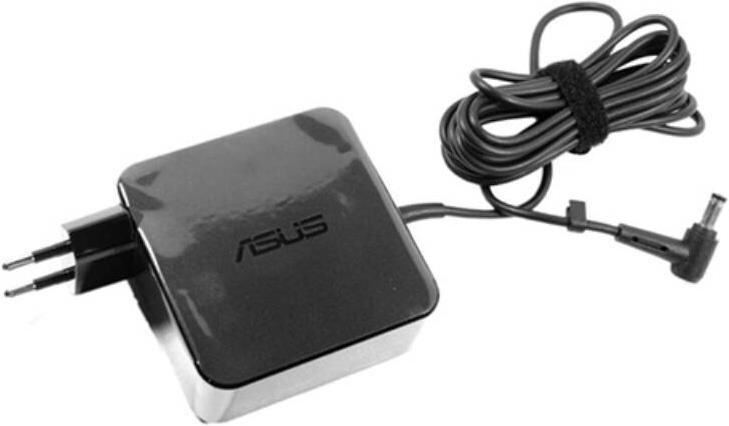 Black ASUS power adapter with a glossy finish, featuring a two-prong plug and a coiled cable leading to a right-angle connector.